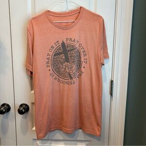 Women’s Graphic Inspirational Coral “Pray On It” Short Sleeve Soft T-Shirt MD